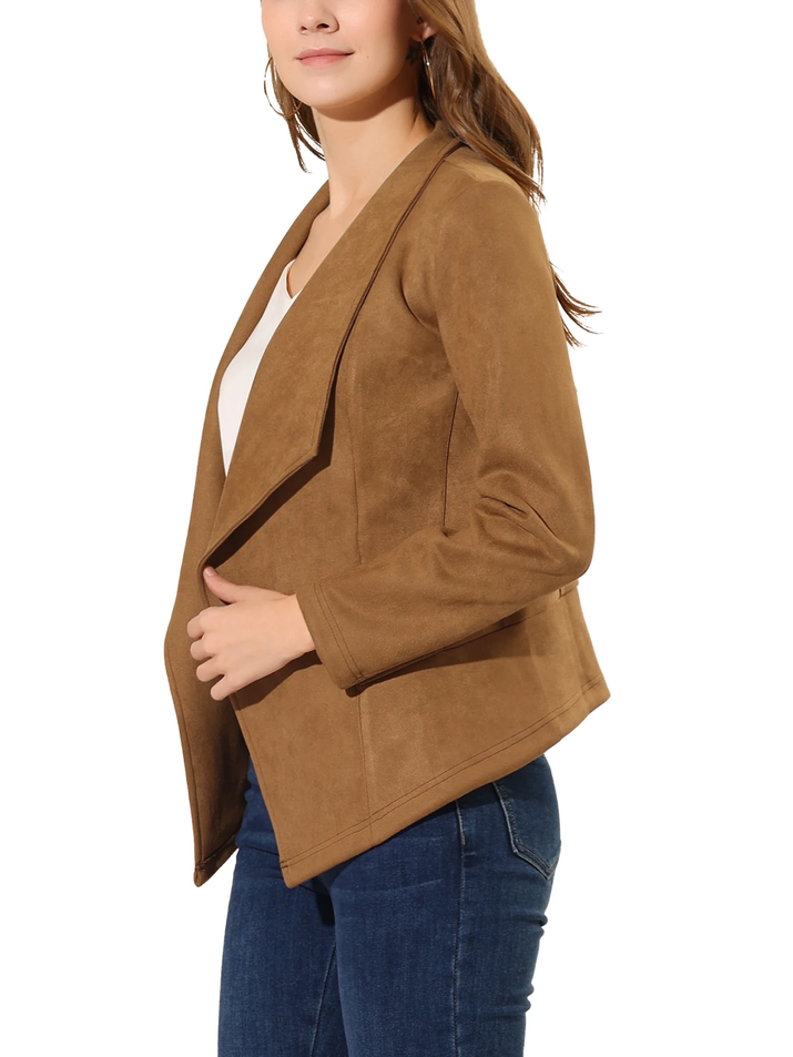 Women'S Faux Suede Drape Collar Long Sleeves Open Front Cardigan XS Brown