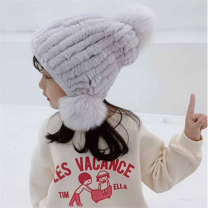 Russian Winter Real Rex Rabbit Fur Earflap Hat Child Boy Girls Knitted Caps DIY Warm Soft Fur Beanies Child
