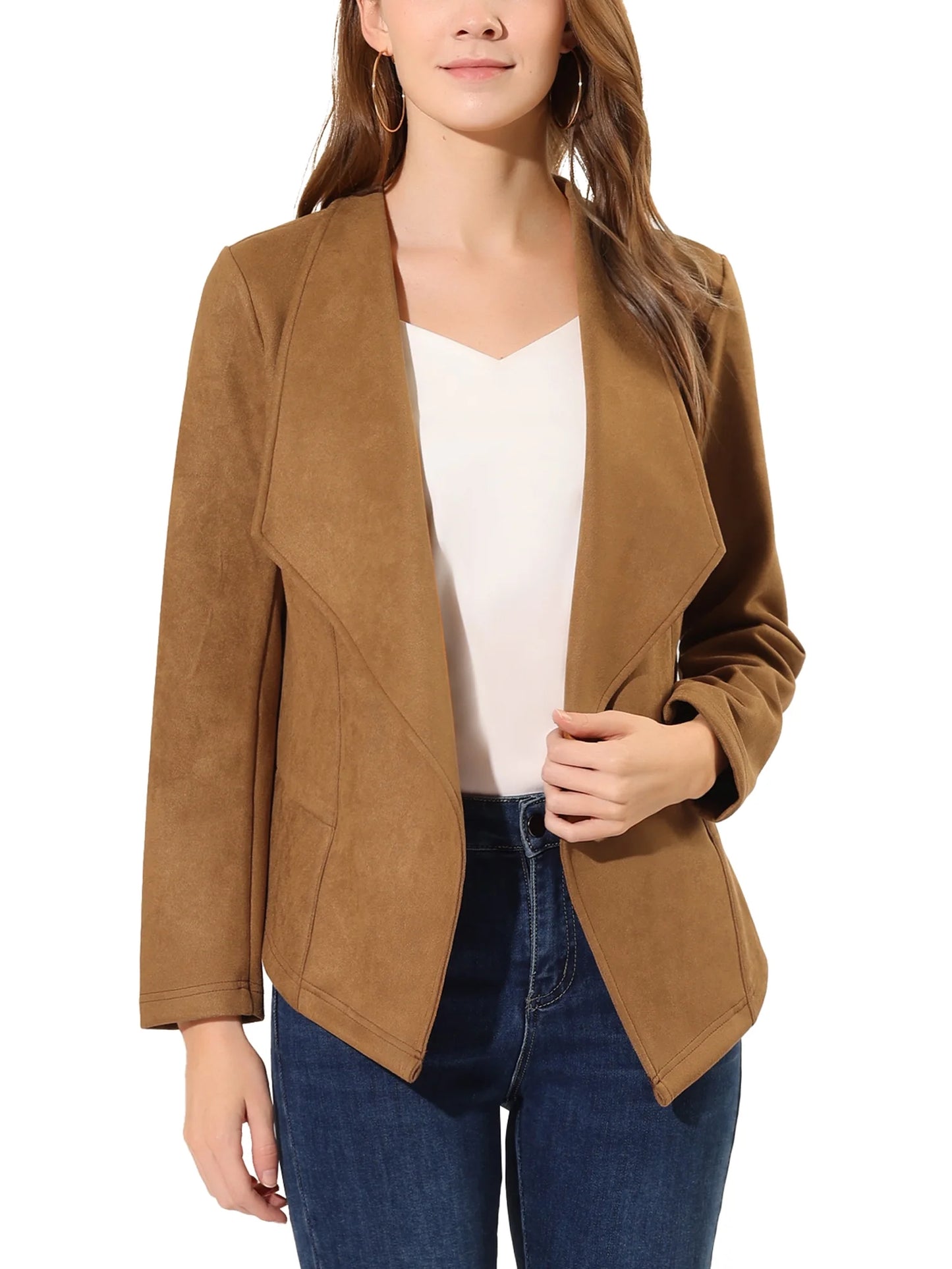 Women'S Faux Suede Drape Collar Long Sleeves Open Front Cardigan XS Brown
