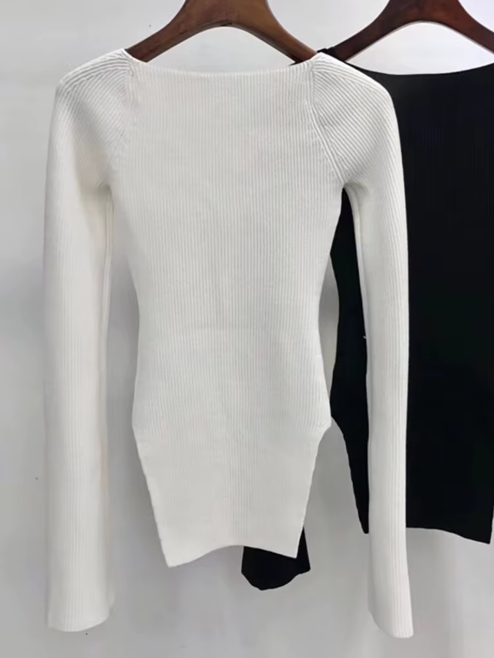 2024 New Autumn and Fit Fashion Women Clothes Cashmere Sqaure Collar Full Sleeves Elastic High Waist Sexy Pullover WK080