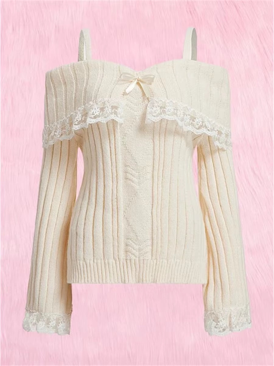 Grunge Women off Shoulder Knit Sweater Pink Pullover Sweet Pullovers Long Sleeve Bow Lace Patchwork Jumpers Y2K Streetwear