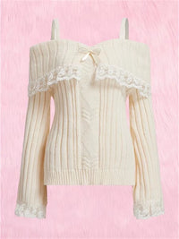 Grunge Women off Shoulder Knit Sweater Pink Pullover Sweet Pullovers Long Sleeve Bow Lace Patchwork Jumpers Y2K Streetwear