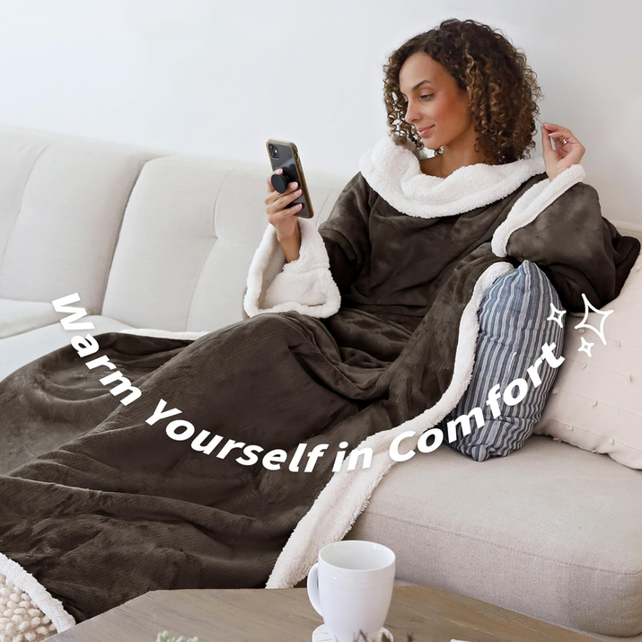 Sherpa Wearable Blanket with Sleeves Arms, Comfy Sleeved TV Wrap Blanket, Large Snuggly Throw for Women and Men, Gift for Her