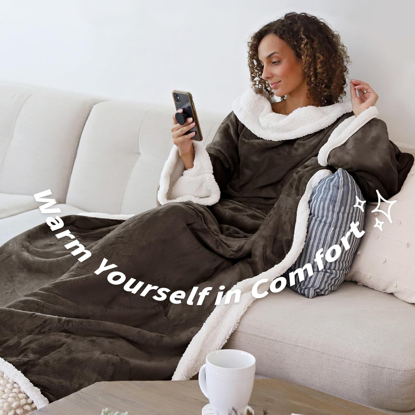 Sherpa Wearable Blanket with Sleeves Arms, Comfy Sleeved TV Wrap Blanket, Large Snuggly Throw for Women and Men, Gift for Her