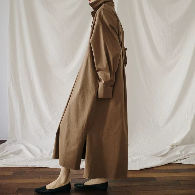Autumn New Shirt Dresses 2025 Casual Korean Turn-Down Collar Loose Solid Color Bandage Pockets Women Dress