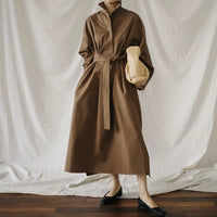 Autumn New Shirt Dresses 2025 Casual Korean Turn-Down Collar Loose Solid Color Bandage Pockets Women Dress