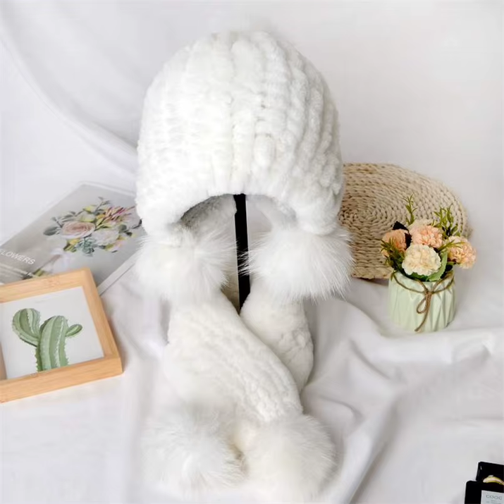Russian Winter Real Rex Rabbit Fur Earflap Hat Child Boy Girls Knitted Caps DIY Warm Soft Fur Beanies Child