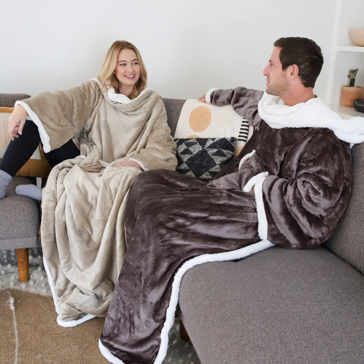 Sherpa Wearable Blanket with Sleeves Arms, Comfy Sleeved TV Wrap Blanket, Large Snuggly Throw for Women and Men, Gift for Her