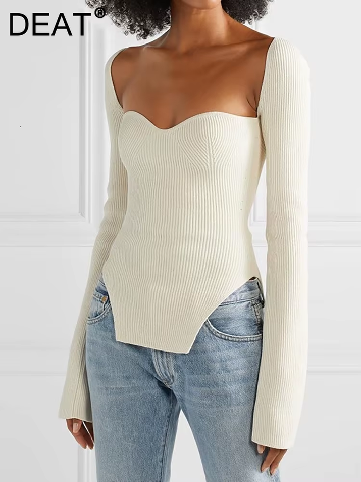 2024 New Autumn and Fit Fashion Women Clothes Cashmere Sqaure Collar Full Sleeves Elastic High Waist Sexy Pullover WK080