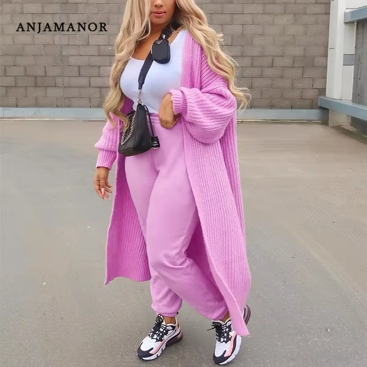 Solid Knitted Oversized Long Cardigan Sweaters for Women Fashion Casual Coat Pink White Outwear Dropshipping D48-FA56