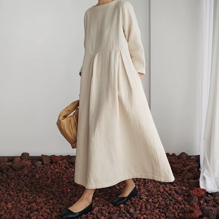 New Korean Women Clothing Dresses 2025 Autumn O-Neck Casual Pockets A-Line Loose Solid Color Female Dress