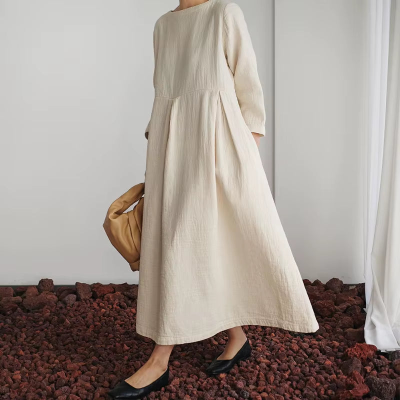 New Korean Women Clothing Dresses 2025 Autumn O-Neck Casual Pockets A-Line Loose Solid Color Female Dress