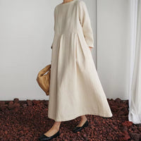 New Korean Women Clothing Dresses 2025 Autumn O-Neck Casual Pockets A-Line Loose Solid Color Female Dress