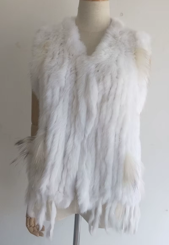 Knitted Real Rabbit Fur Vest with Tassel Casual Women Autumn Real Fur Gelit Ladies Sleeveless Real Fur Coats for Womans