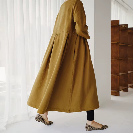 New Korean Women Clothing Dresses 2025 Autumn O-Neck Casual Pockets A-Line Loose Solid Color Female Dress