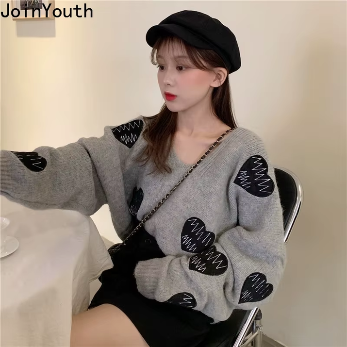 Fall Sweater Y2K Pullovers Korean Heart Oversize Tops Fashion Woman Clothes V Neck Women Sweaters Long Sleeve Jumper Femme Pull