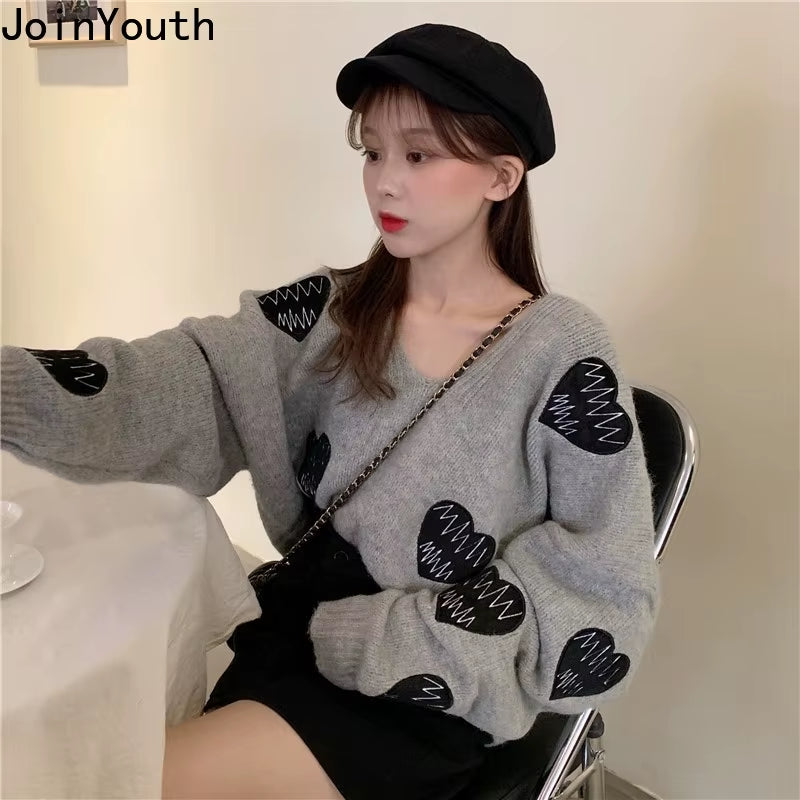Fall Sweater Y2K Pullovers Korean Heart Oversize Tops Fashion Woman Clothes V Neck Women Sweaters Long Sleeve Jumper Femme Pull