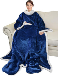 Sherpa Wearable Blanket with Sleeves & Foot Pockets for Adult Women Men, Comfy Snuggle Wrap Sleeved Throw Blanket Robe, Gift Idea, Blue