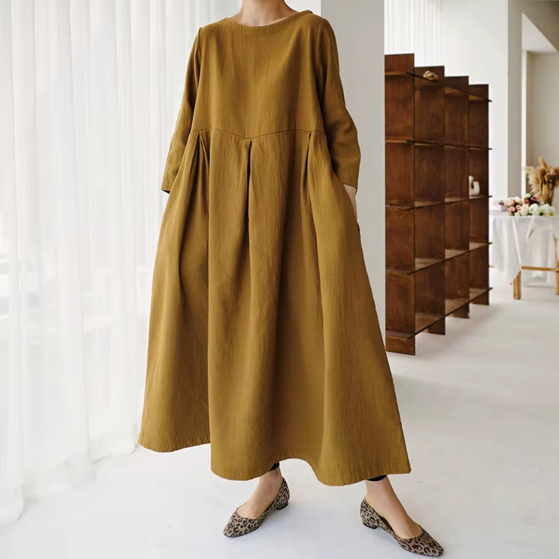New Korean Women Clothing Dresses 2025 Autumn O-Neck Casual Pockets A-Line Loose Solid Color Female Dress