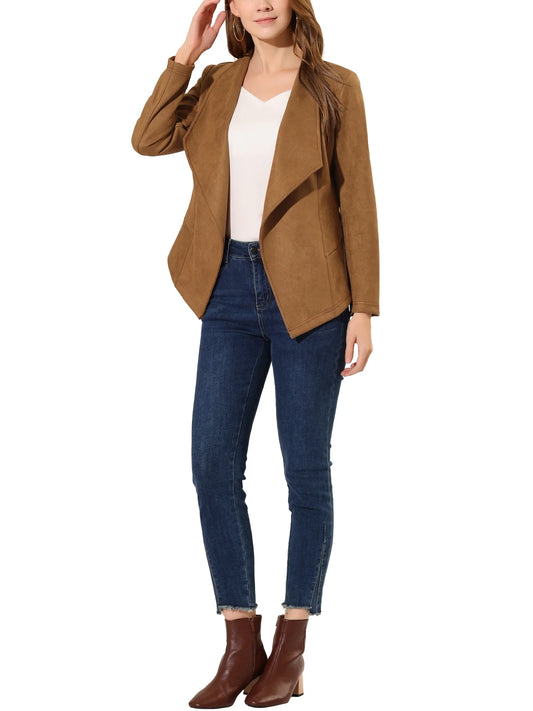 Women'S Faux Suede Drape Collar Long Sleeves Open Front Cardigan XS Brown