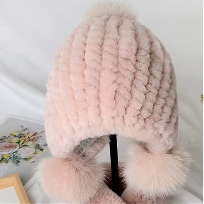 Russian Winter Real Rex Rabbit Fur Earflap Hat Child Boy Girls Knitted Caps DIY Warm Soft Fur Beanies Child