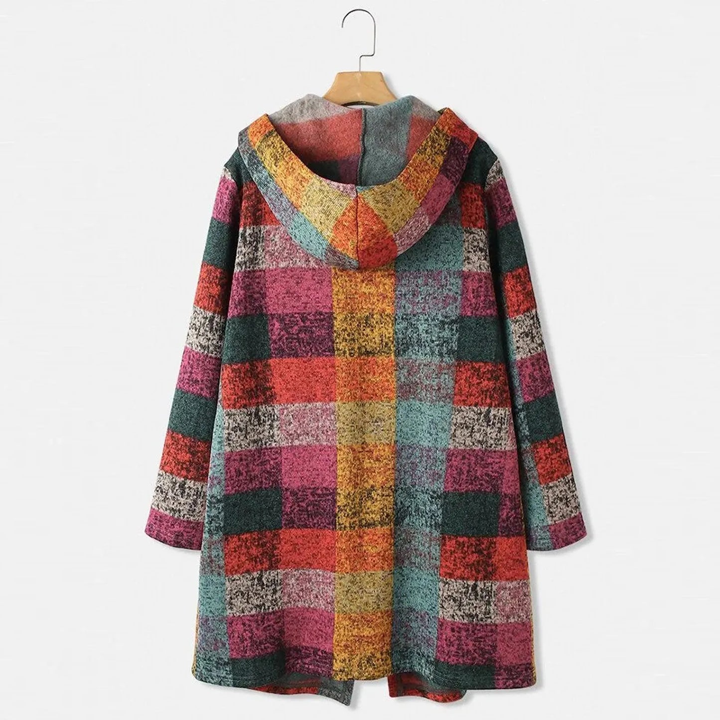 Women'S Hooded Long Cardigan Casual Plaid Long Sleeve Jacket Gradient Color Knitting Coats with Pocket Casual Knitted Outwears