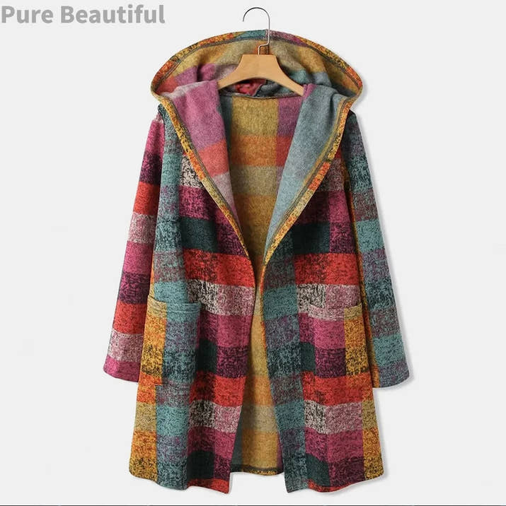 Women'S Hooded Long Cardigan Casual Plaid Long Sleeve Jacket Gradient Color Knitting Coats with Pocket Casual Knitted Outwears