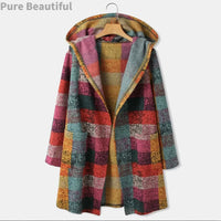Women'S Hooded Long Cardigan Casual Plaid Long Sleeve Jacket Gradient Color Knitting Coats with Pocket Casual Knitted Outwears