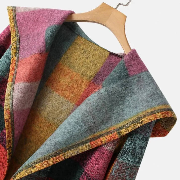 Women'S Hooded Long Cardigan Casual Plaid Long Sleeve Jacket Gradient Color Knitting Coats with Pocket Casual Knitted Outwears