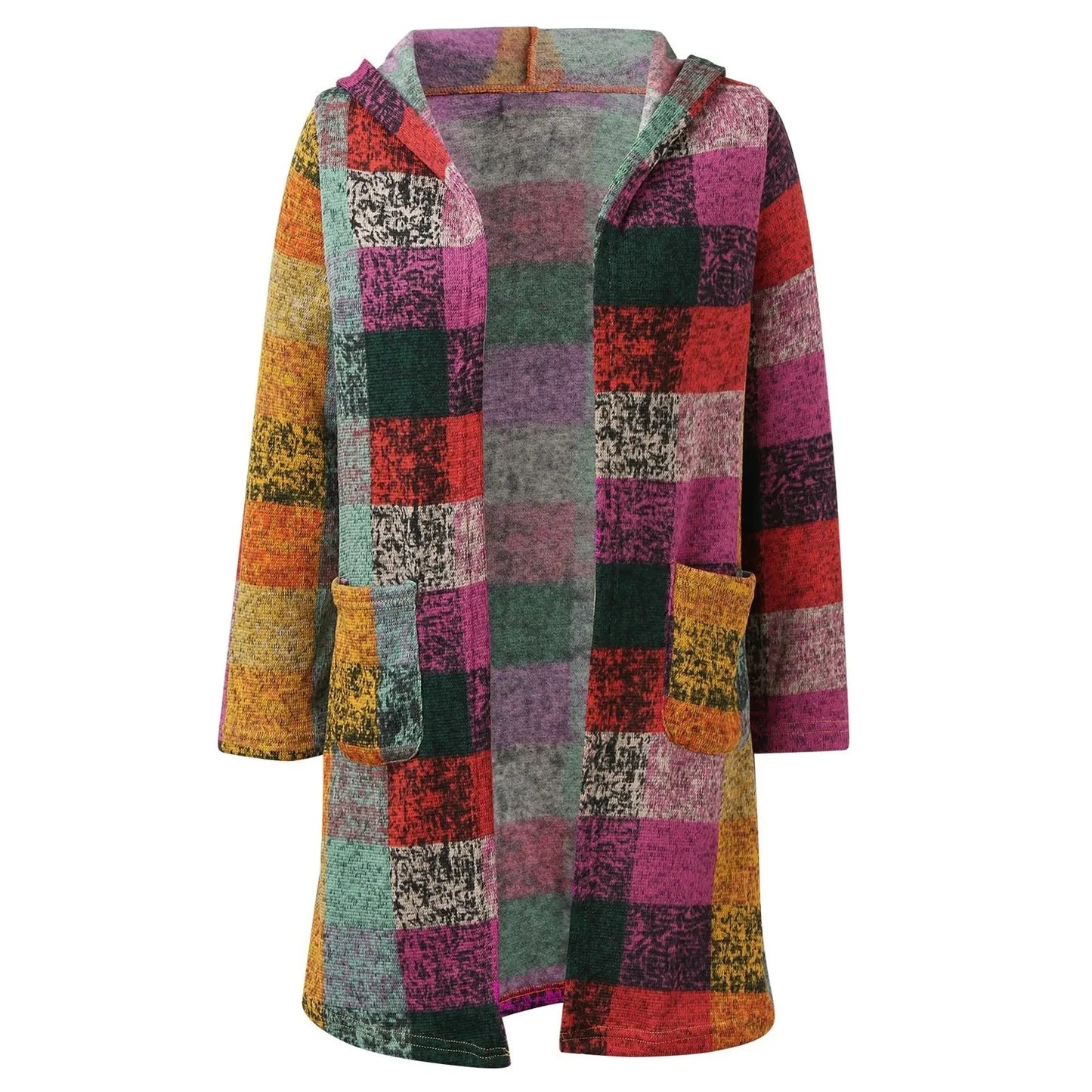 Women'S Hooded Long Cardigan Casual Plaid Long Sleeve Jacket Gradient Color Knitting Coats with Pocket Casual Knitted Outwears