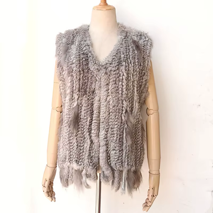 Knitted Real Rabbit Fur Vest with Tassel Casual Women Autumn Real Fur Gelit Ladies Sleeveless Real Fur Coats for Womans