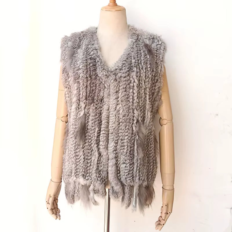Knitted Real Rabbit Fur Vest with Tassel Casual Women Autumn Real Fur Gelit Ladies Sleeveless Real Fur Coats for Womans