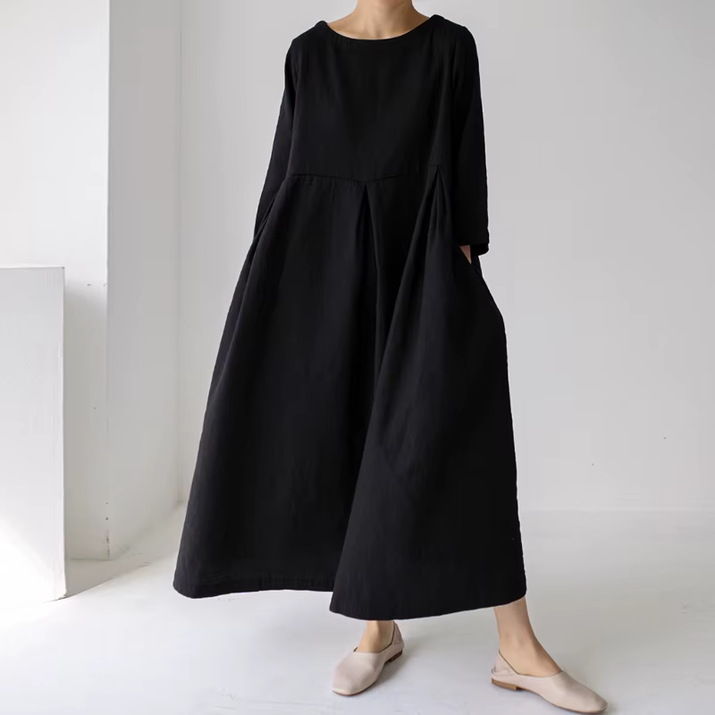 New Korean Women Clothing Dresses 2025 Autumn O-Neck Casual Pockets A-Line Loose Solid Color Female Dress