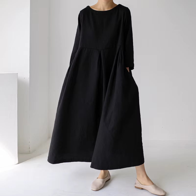 New Korean Women Clothing Dresses 2025 Autumn O-Neck Casual Pockets A-Line Loose Solid Color Female Dress
