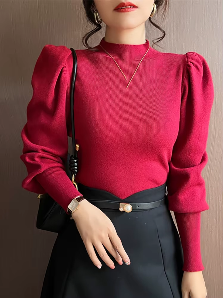 Autumn Winter Sweater Turtleneck Slim Fit Basic Pullovers Fashion Korean Knit Tops Puff Sleeve Womens Sweater Stretch Jumpers