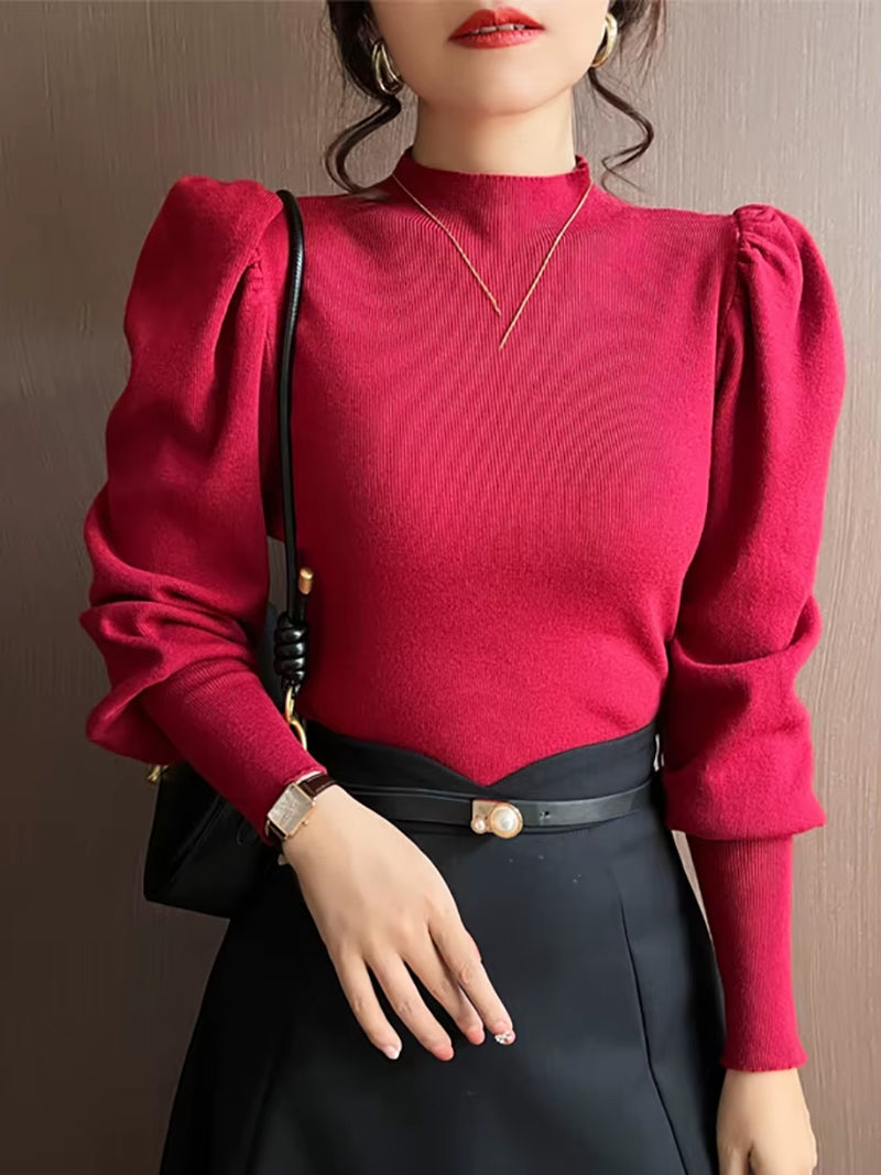 Autumn Winter Sweater Turtleneck Slim Fit Basic Pullovers Fashion Korean Knit Tops Puff Sleeve Womens Sweater Stretch Jumpers