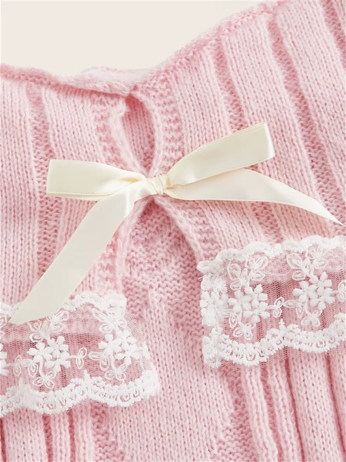 Grunge Women off Shoulder Knit Sweater Pink Pullover Sweet Pullovers Long Sleeve Bow Lace Patchwork Jumpers Y2K Streetwear