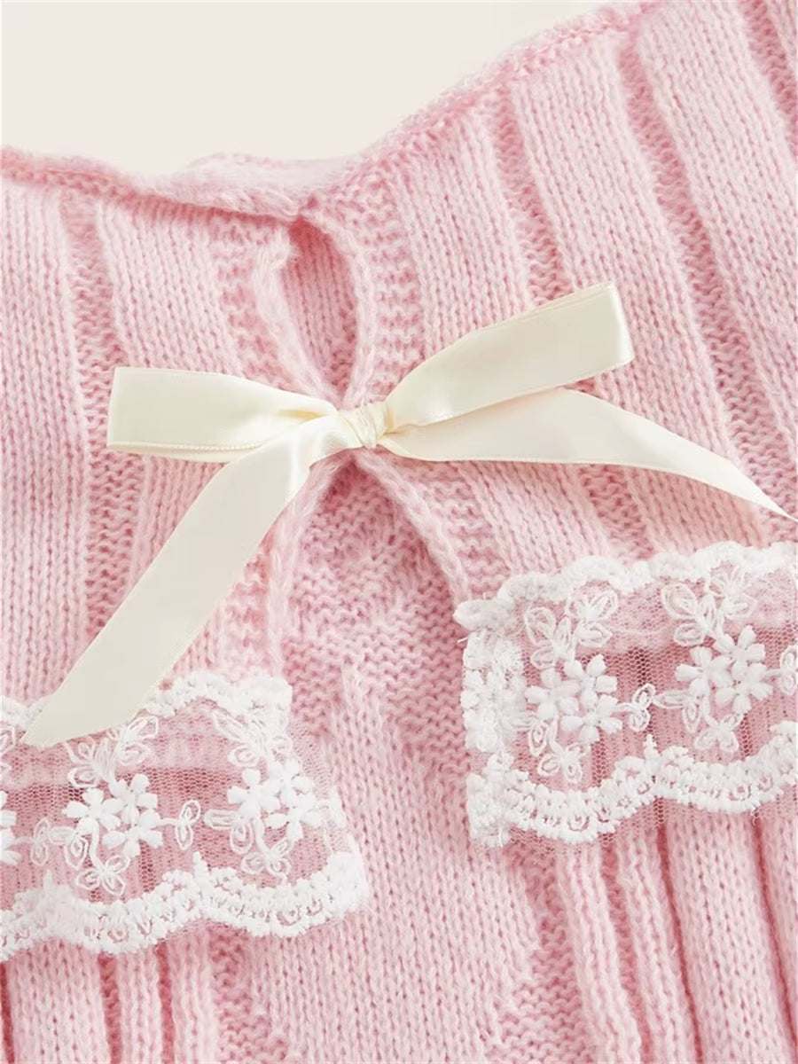 Grunge Women off Shoulder Knit Sweater Pink Pullover Sweet Pullovers Long Sleeve Bow Lace Patchwork Jumpers Y2K Streetwear
