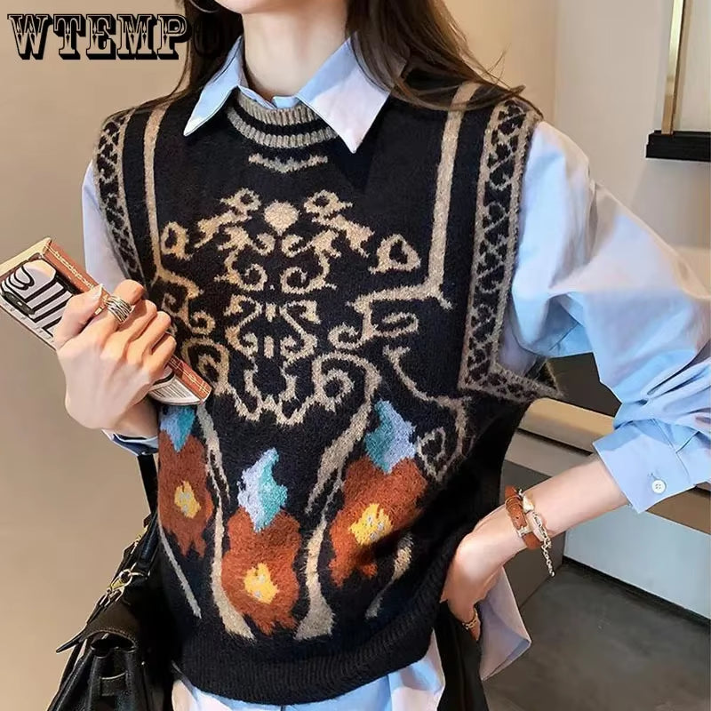 Sweater Vest V-Neck Argyle Crop Tops Chic Preppy Style Knitted Students Harajuku Vintage Streetwear Slim Leisure Fashion Women