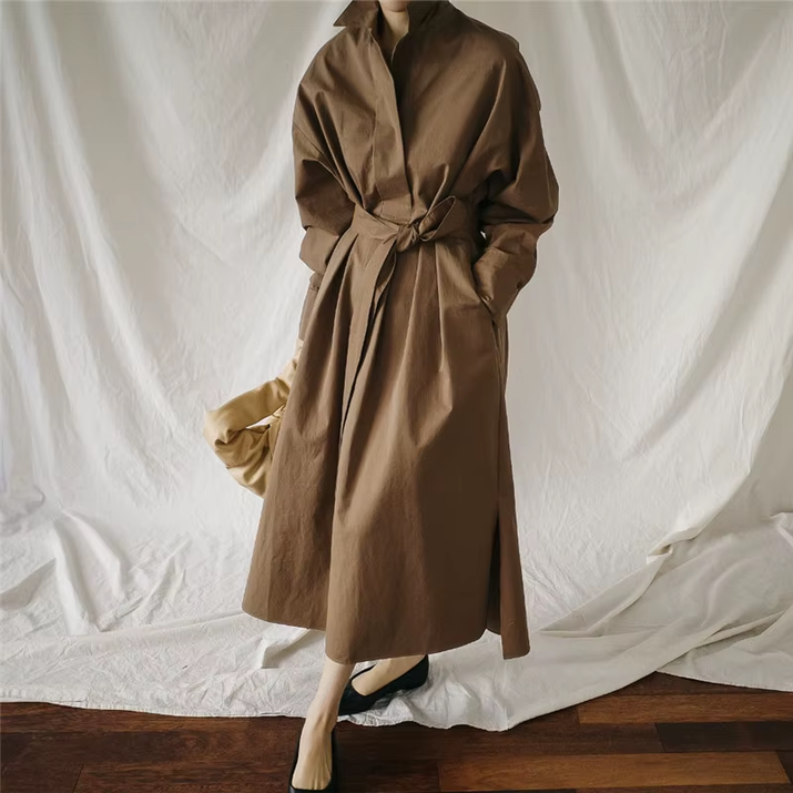 Autumn New Shirt Dresses 2025 Casual Korean Turn-Down Collar Loose Solid Color Bandage Pockets Women Dress
