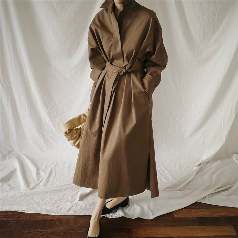 Autumn New Shirt Dresses 2025 Casual Korean Turn-Down Collar Loose Solid Color Bandage Pockets Women Dress