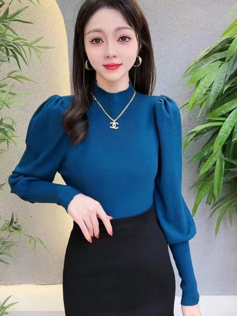Autumn Winter Sweater Turtleneck Slim Fit Basic Pullovers Fashion Korean Knit Tops Puff Sleeve Womens Sweater Stretch Jumpers