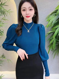 Autumn Winter Sweater Turtleneck Slim Fit Basic Pullovers Fashion Korean Knit Tops Puff Sleeve Womens Sweater Stretch Jumpers