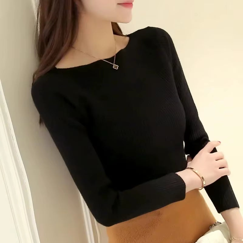 Casual Long Sleeve Knitted Sweater Autumn O-Neck Office Pullover Winter Women Clothes Korean Style Slim White Knitwear Pull 7571