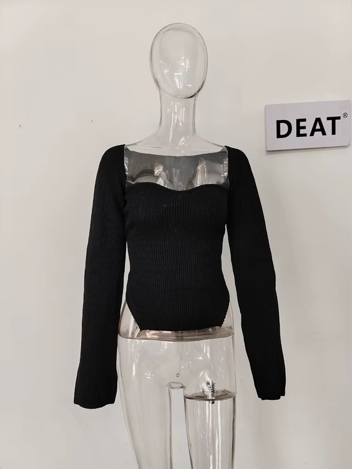 2024 New Autumn and Fit Fashion Women Clothes Cashmere Sqaure Collar Full Sleeves Elastic High Waist Sexy Pullover WK080