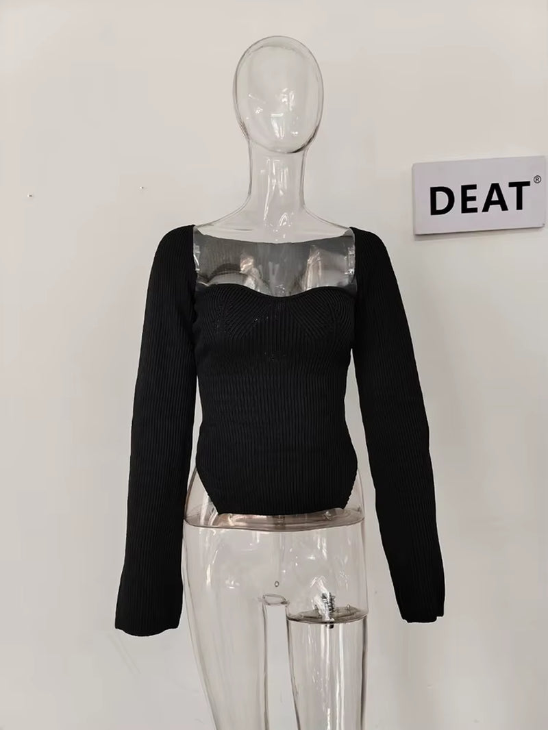 2024 New Autumn and Fit Fashion Women Clothes Cashmere Sqaure Collar Full Sleeves Elastic High Waist Sexy Pullover WK080