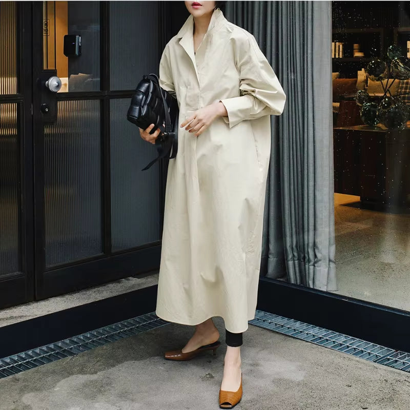 Autumn New Shirt Dresses 2025 Casual Korean Turn-Down Collar Loose Solid Color Bandage Pockets Women Dress