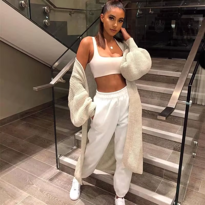 Solid Knitted Oversized Long Cardigan Sweaters for Women Fashion Casual Coat Pink White Outwear Dropshipping D48-FA56