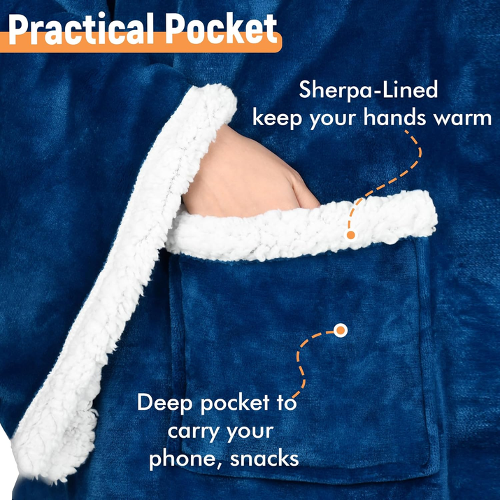 Sherpa Wearable Blanket with Sleeves & Foot Pockets for Adult Women Men, Comfy Snuggle Wrap Sleeved Throw Blanket Robe, Gift Idea, Blue