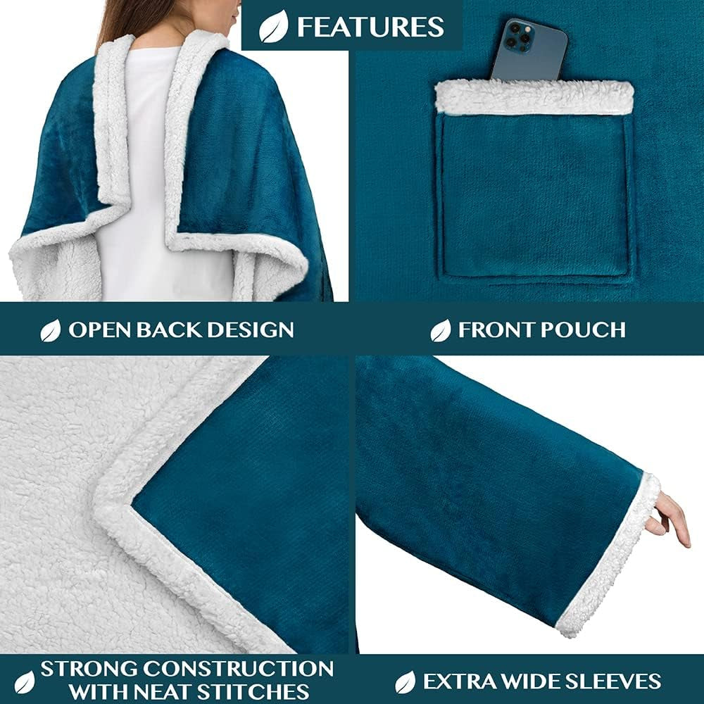 Sherpa Fleece Blanket with Sleeves Women Men Adult, Wearable Blanket Warm Soft Plush Thick, Snuggle Pocket Sleeved TV Throw Wrap, Cozy Ideas Mom Wife, Teal Blue